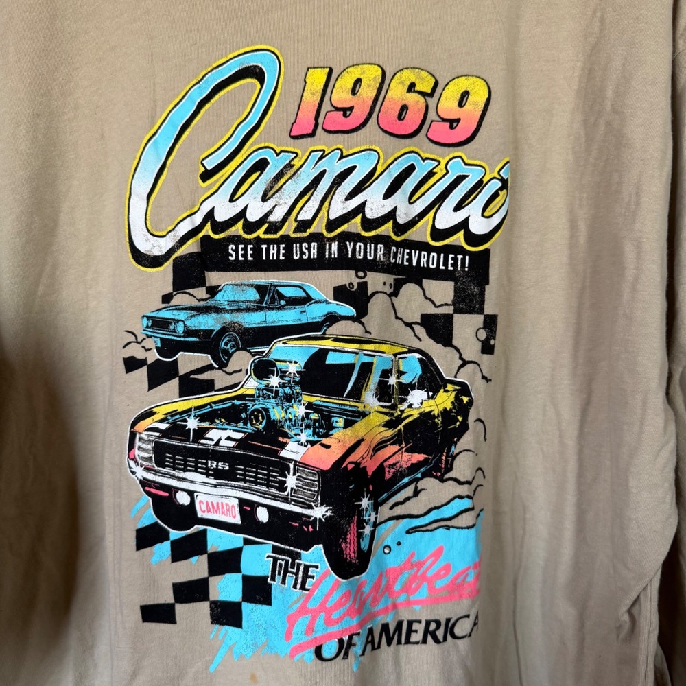 GM 1969 Camaro Heartbeat of America Long Sleeve Graphic T-Shirt Tan 3XL